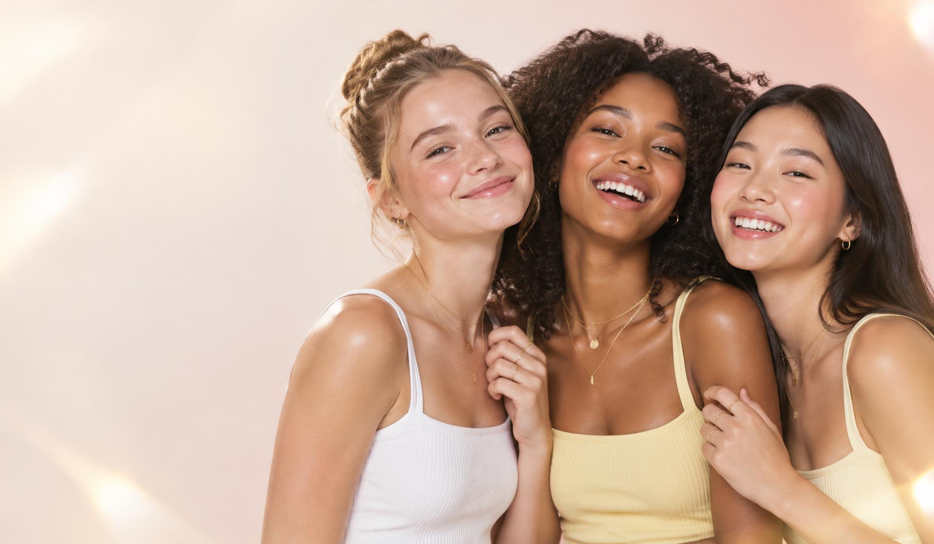Imagem conceitual de três amigas branca, negra e asiática usando acessórios dourados